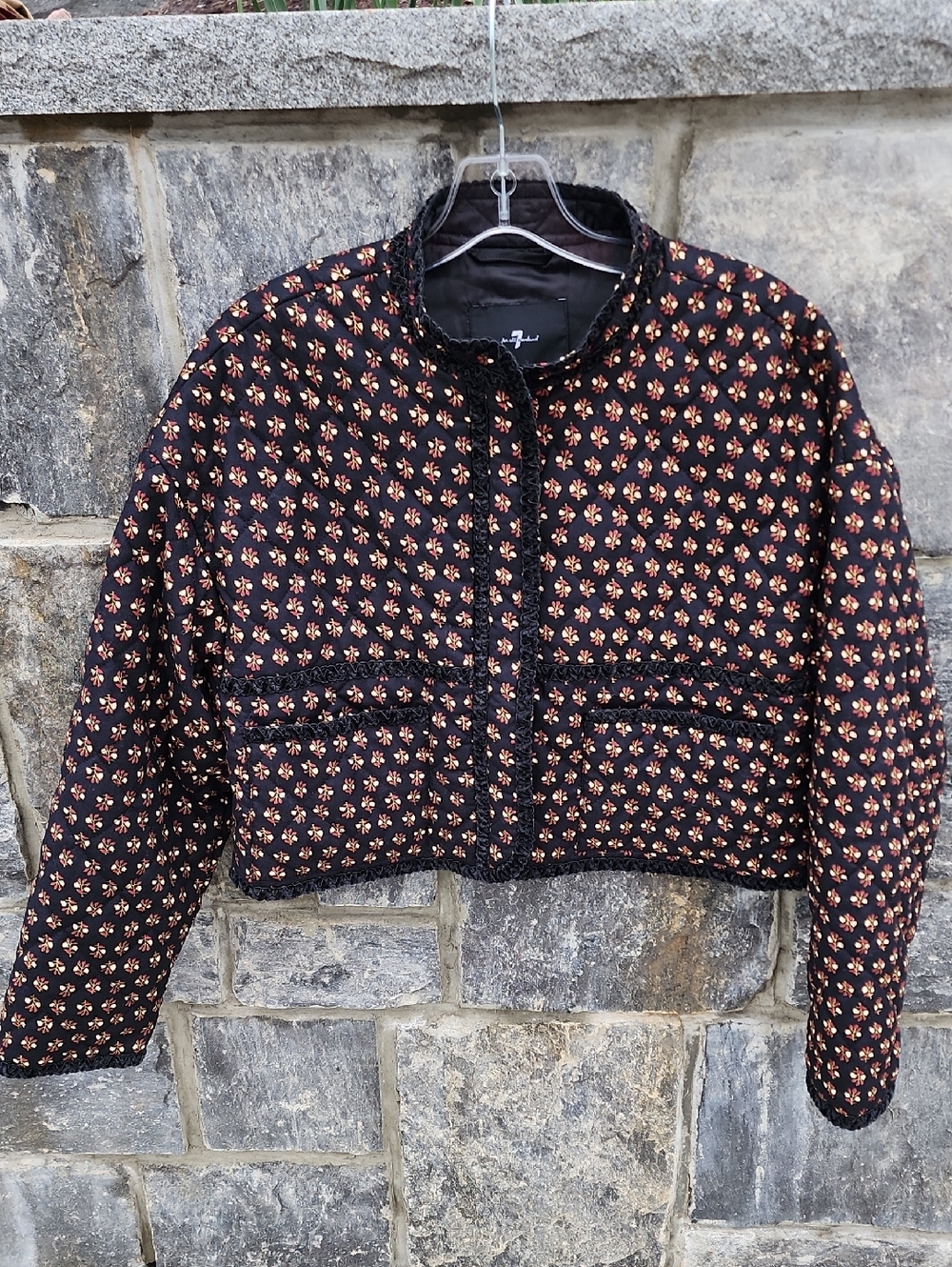 7 For All Mankind Black Cropped Quilted Blazer with Pink Floral Print Size Small
